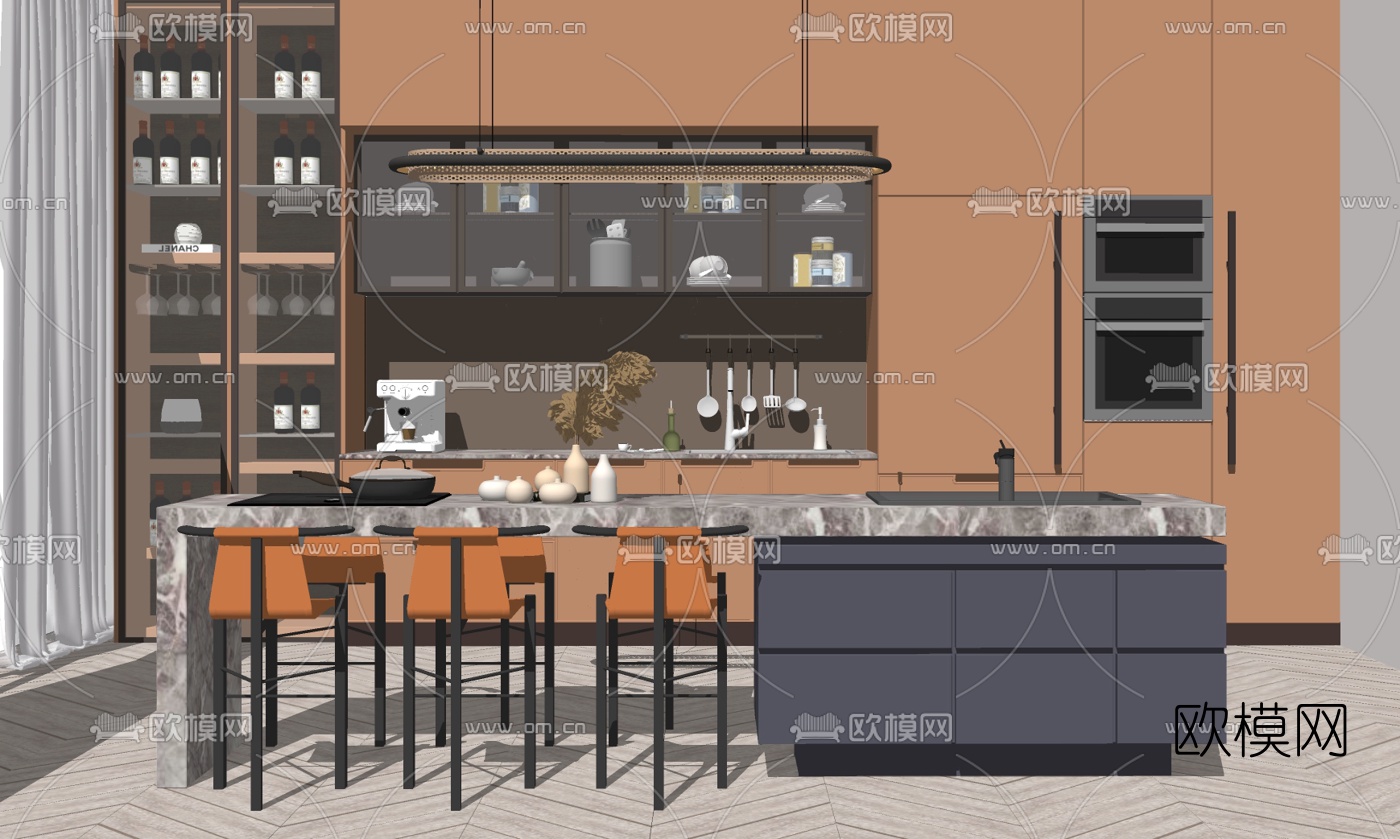 现代厨房中岛吧台su模型下载