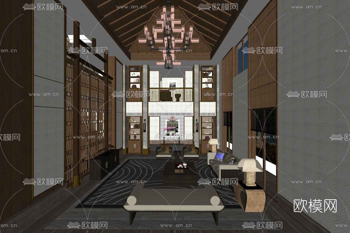 新中式别墅大堂免费su模型下载