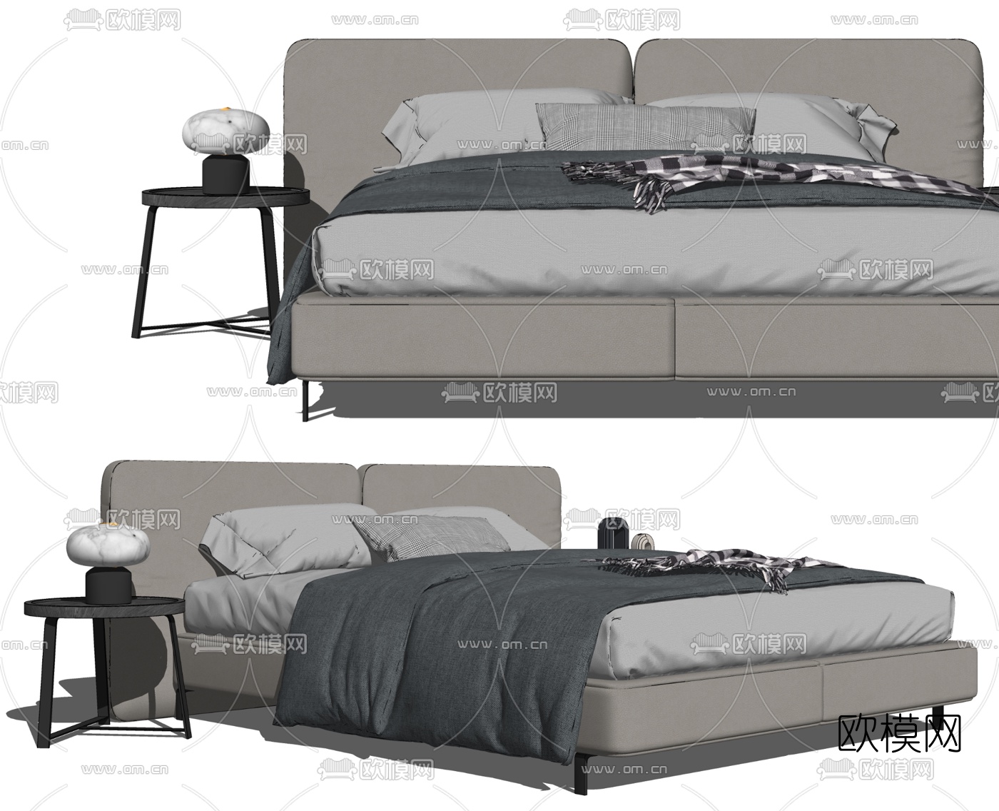 现代布艺双人床su模型下载（渲染图2）