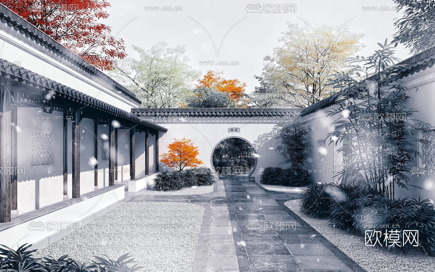 中式古建长廊庭院景观3d模型下载