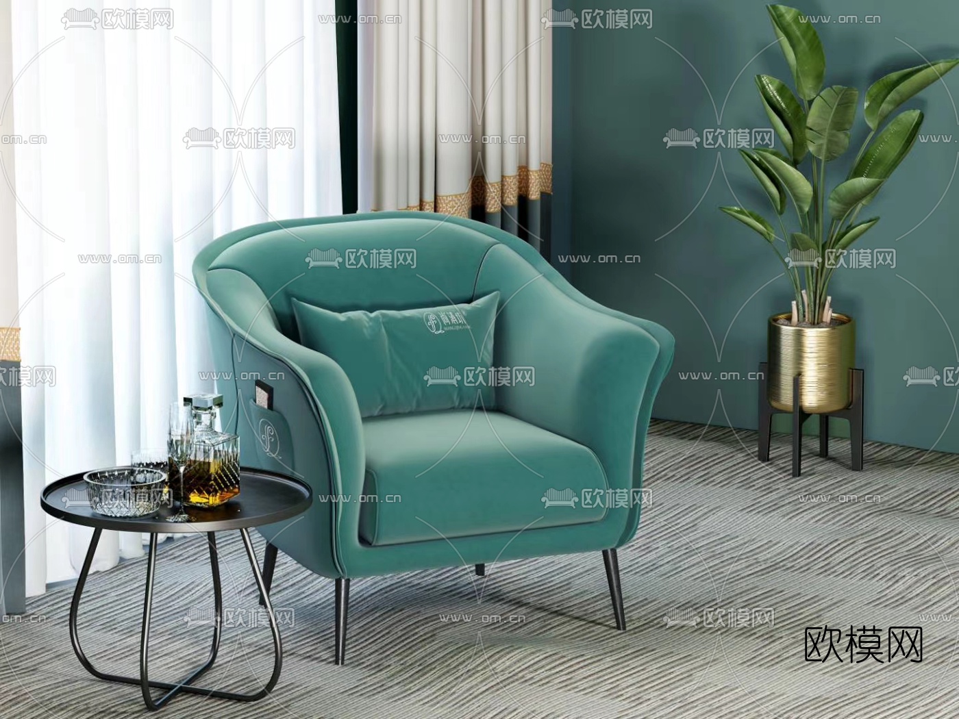 北欧绒布单人沙发3d模型下载（渲染图1）