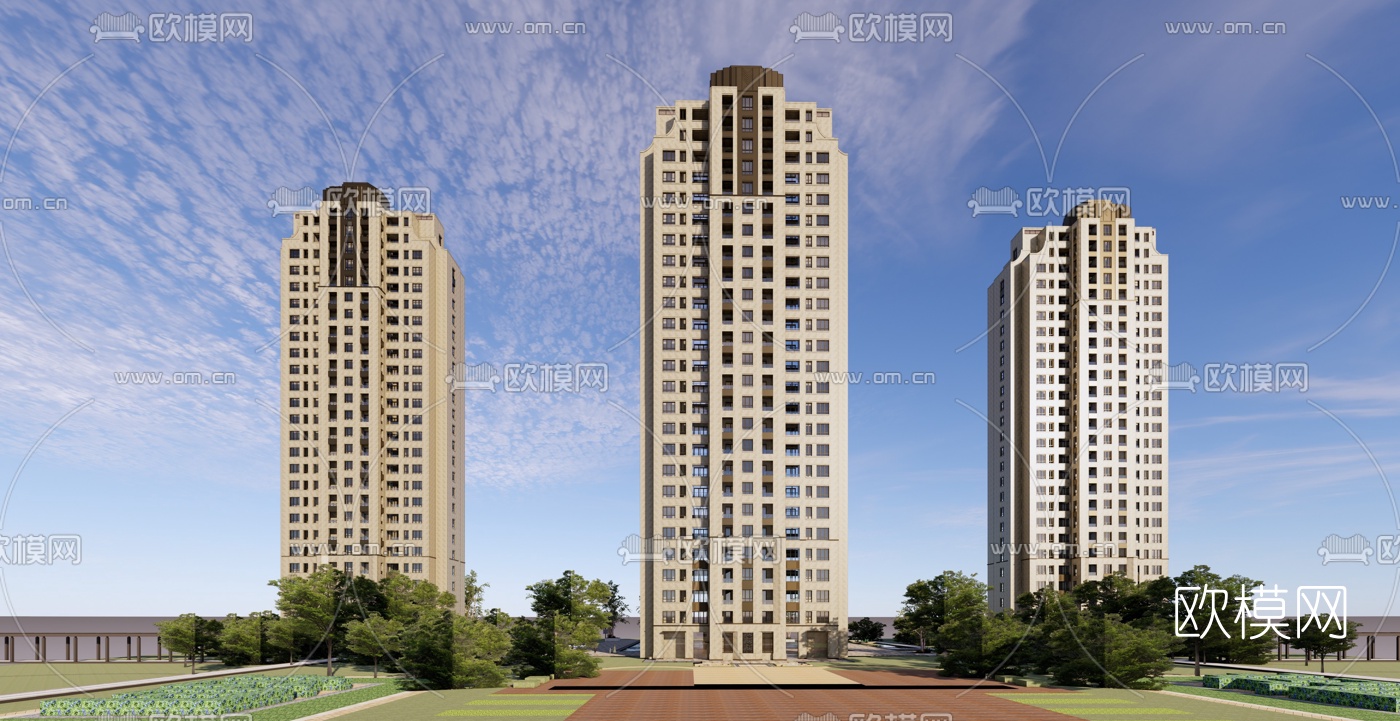 新古典高层楼王住宅su模型下载（渲染图1）