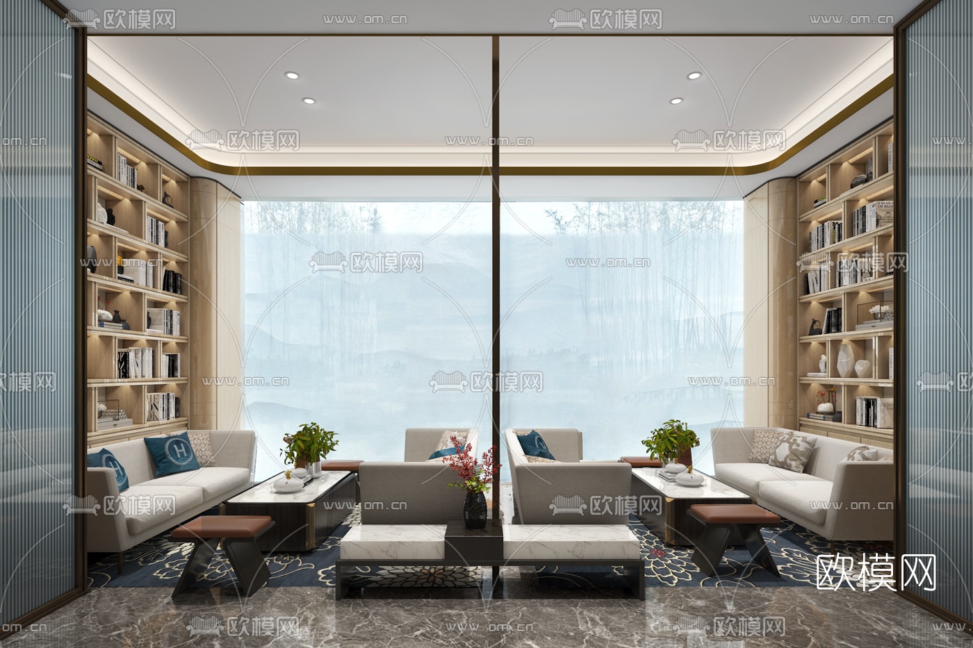 太合南方设计 新中式售楼处洽谈区3d模型下载（渲染图1）