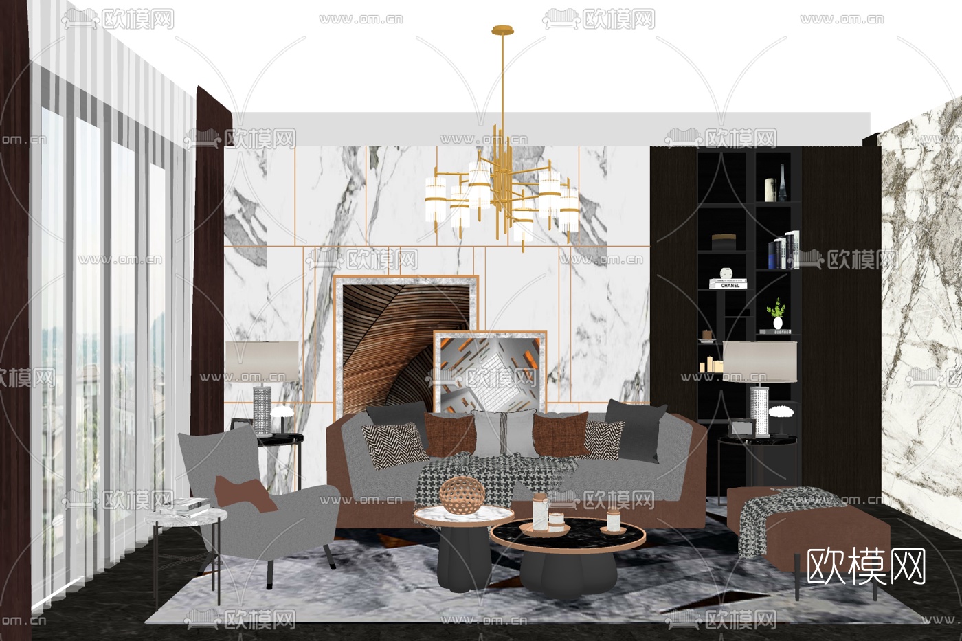 现代布艺组合沙发免费su模型下载