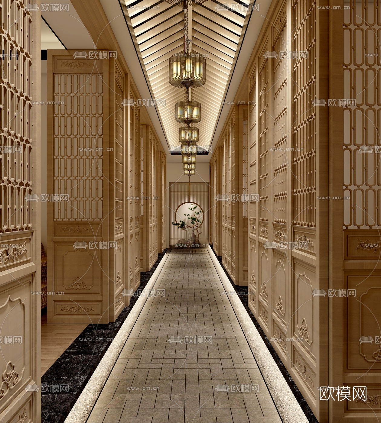 新中式茶楼走廊过道3d模型下载
