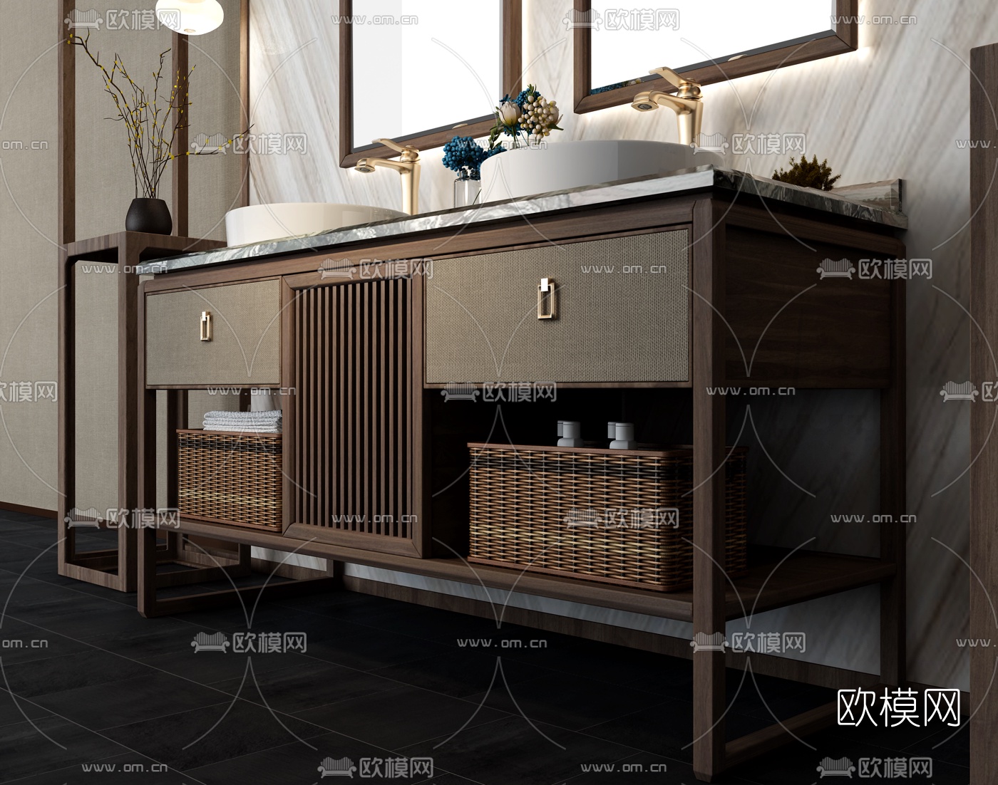 新中式浴室柜洗手台3d模型
