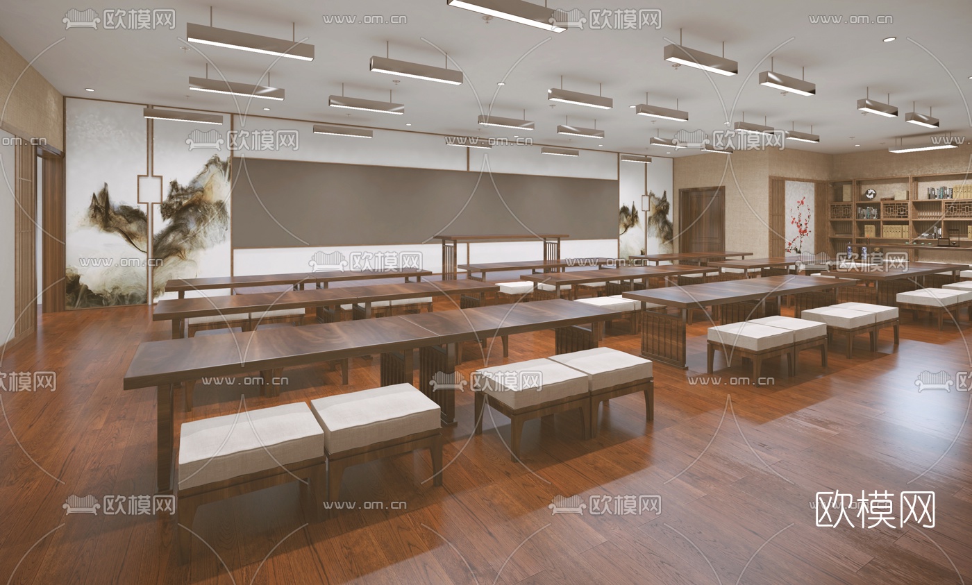新中式书法教室免费3d模型下载（渲染图1）