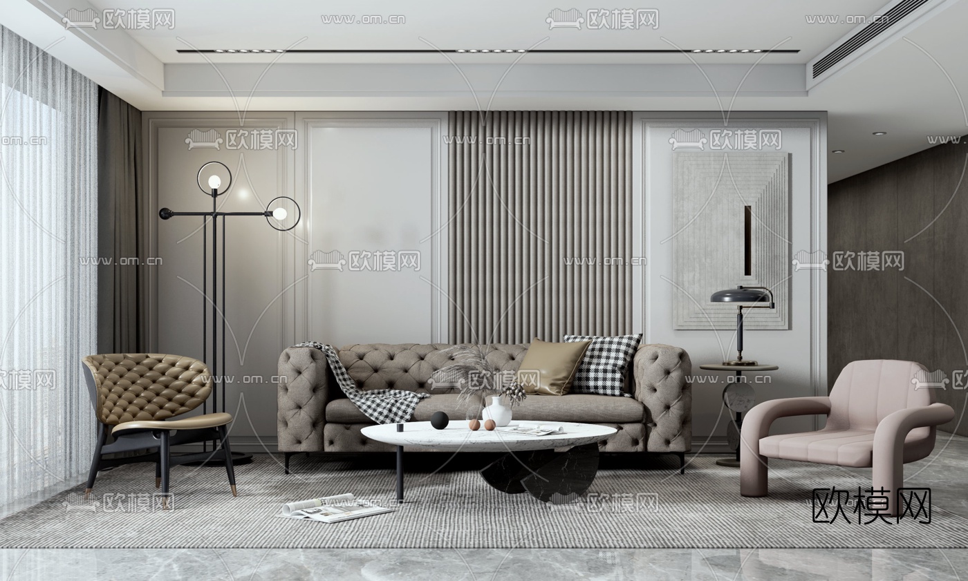 简欧皮革沙发组合su模型下载（渲染图1）