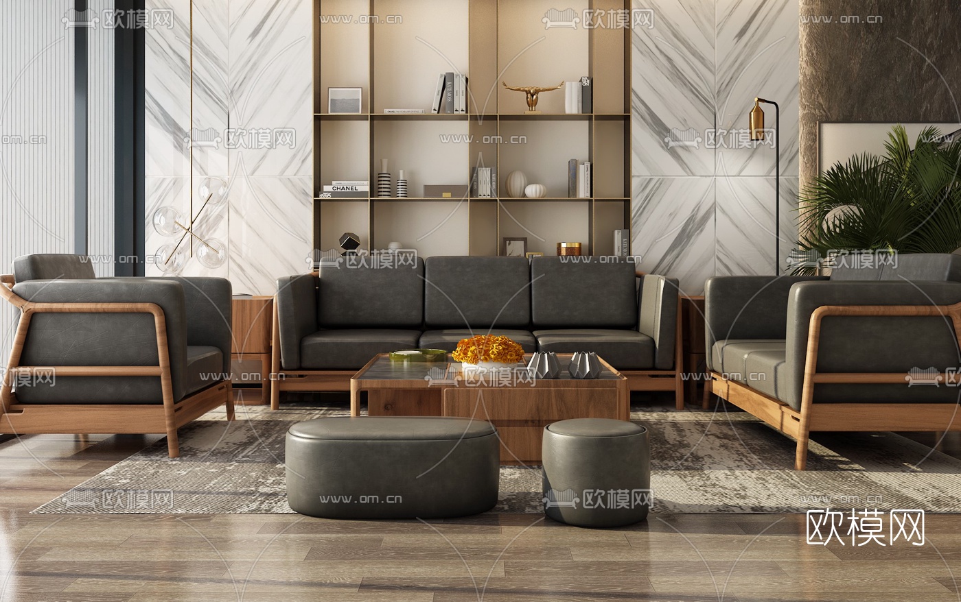 现代皮革办公沙发组合3d模型下载