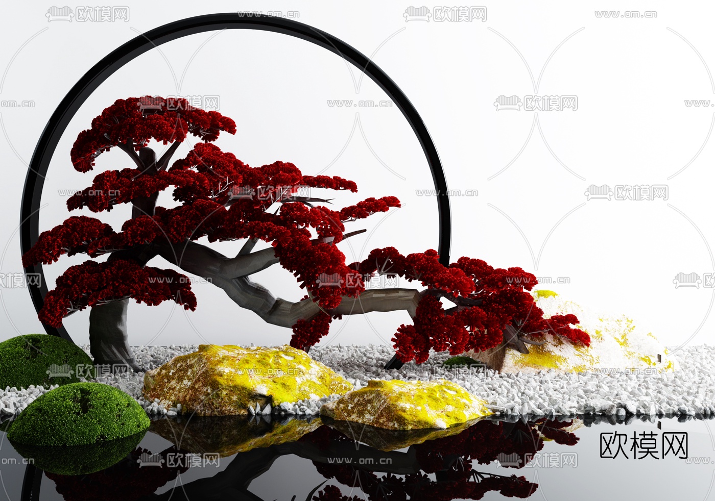 日式树灌木石头小品3d模型下载