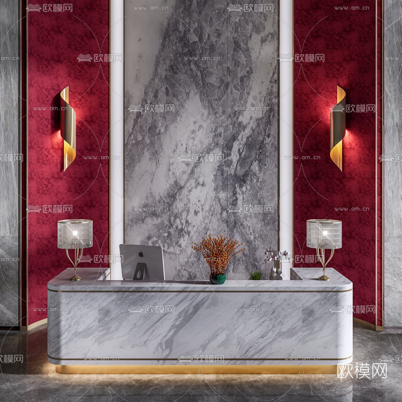 新中式前台接待台3d模型下载（渲染图1）