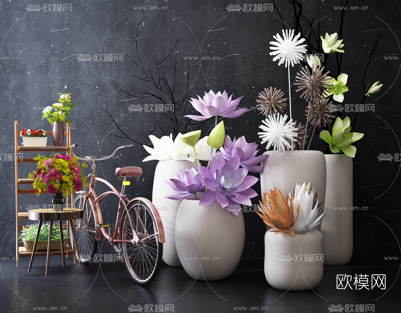 现代花瓶莲花花卉3d模型-免费3dmax模型库-欧模网