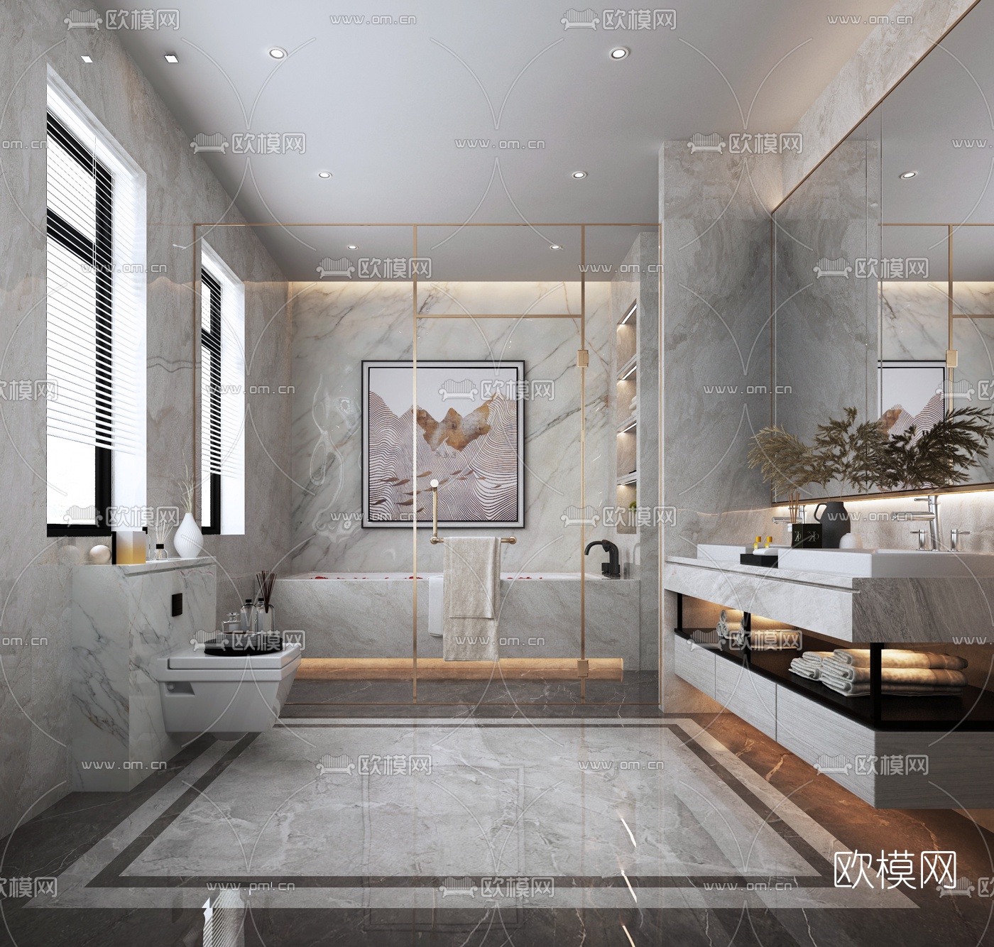 现代轻奢卫生间浴室3d模型下载（渲染图1）