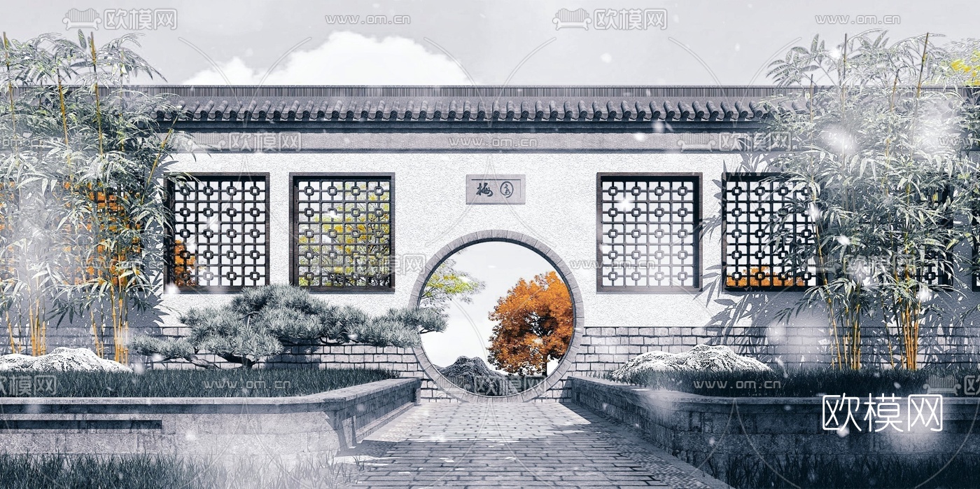 中式月洞门花窗围墙3d模型
