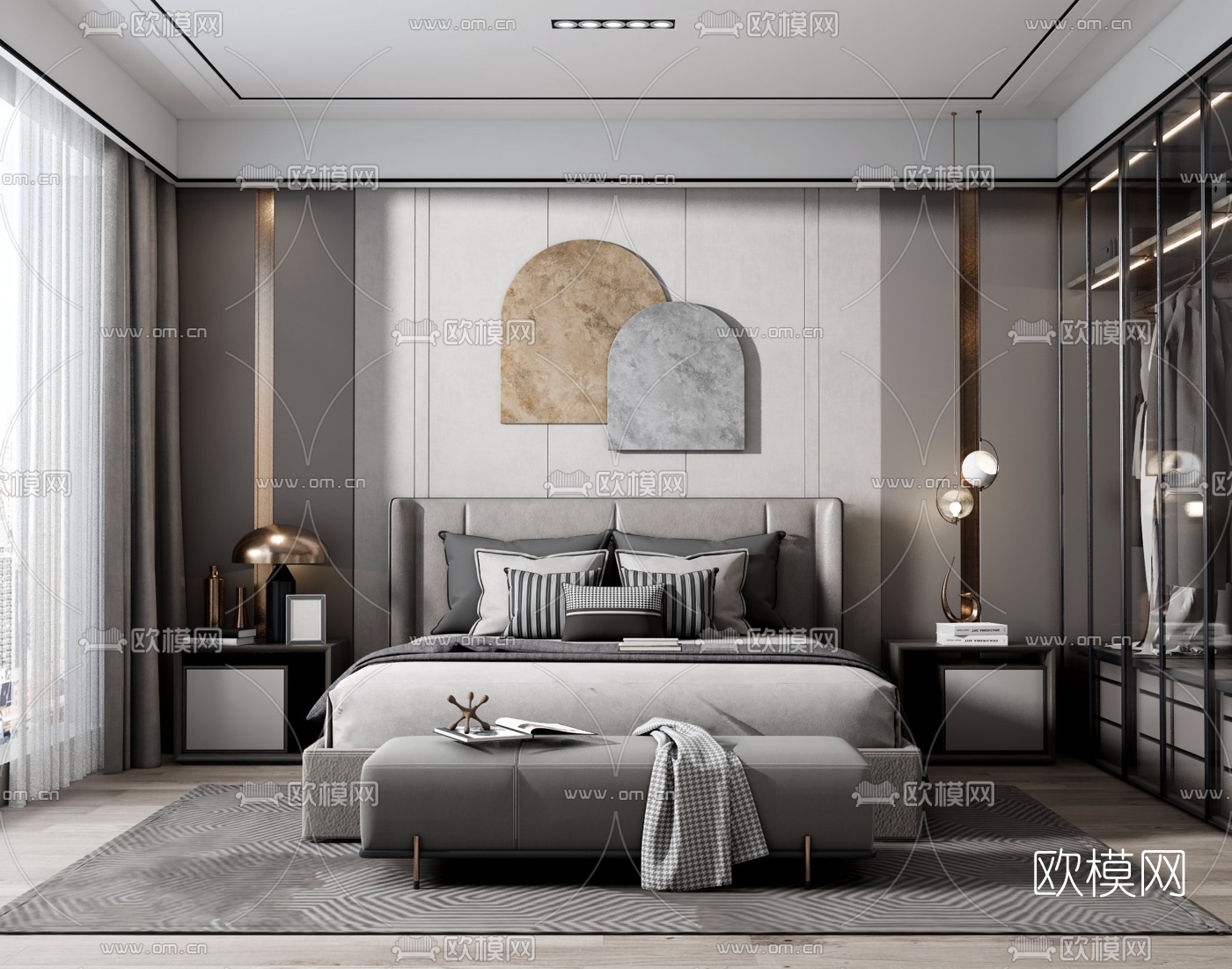 现代布艺双人床su模型下载（渲染图1）