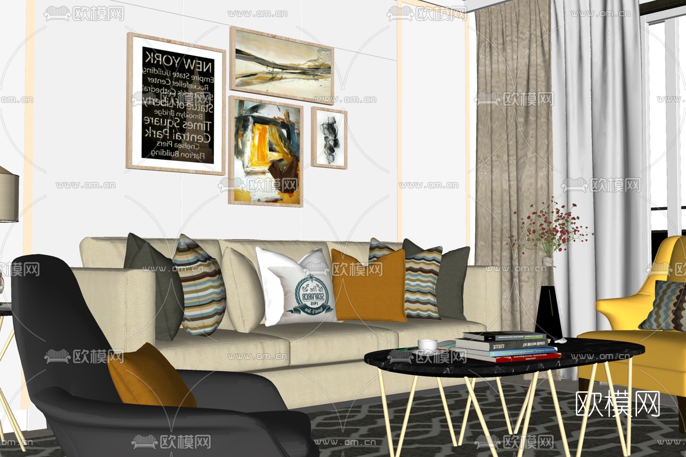 现代布艺组合沙发免费su模型下载