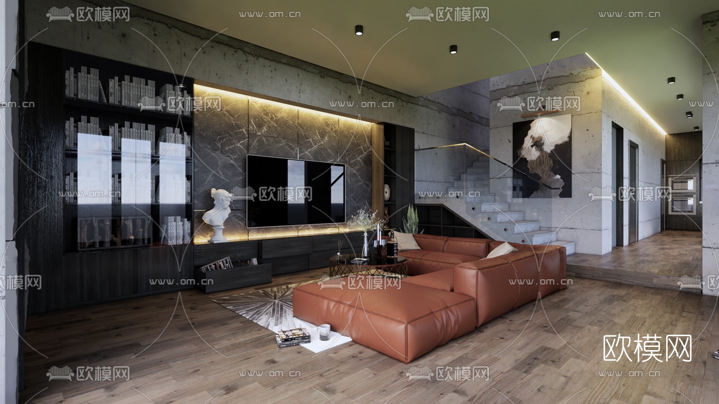 工业风复式客厅su模型下载（渲染图1）