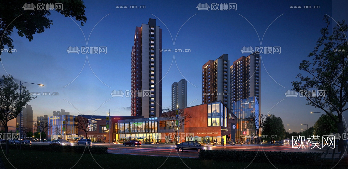 现代商业街su模型下载（渲染图2）