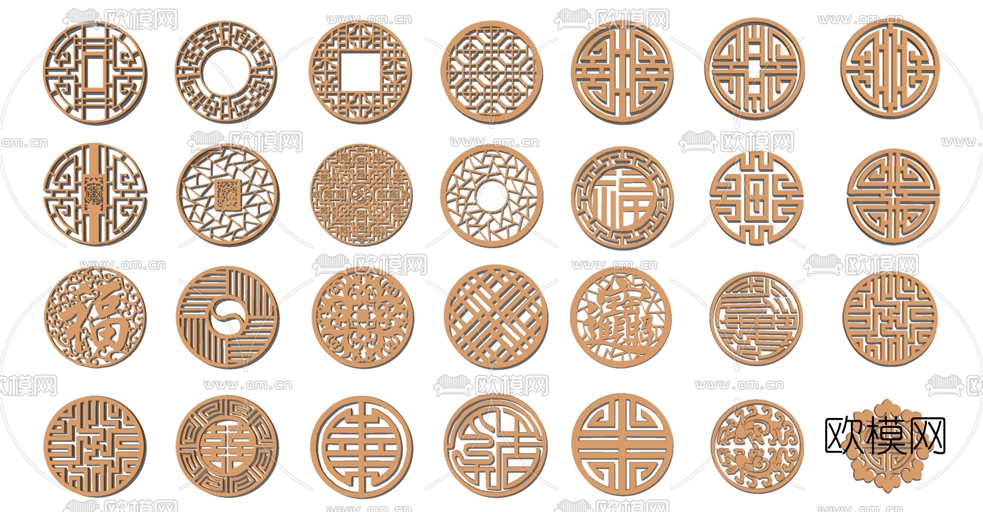中式圆形花格镂花窗雕花构件su模型下载