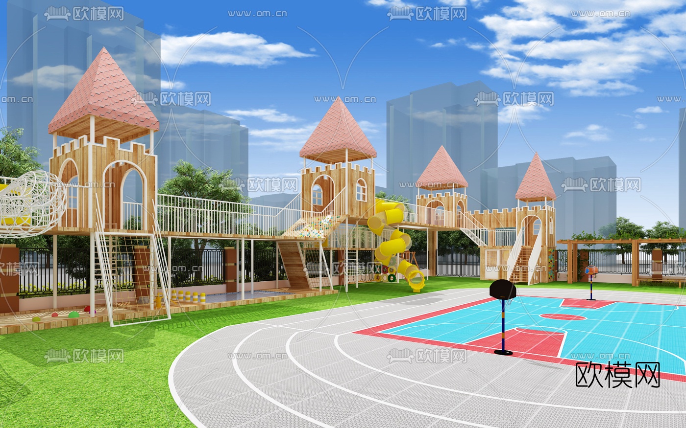 现代幼儿园户外操场外观3d模型