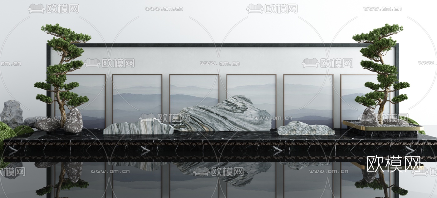 新中式松树山石景观小品3d模型下载