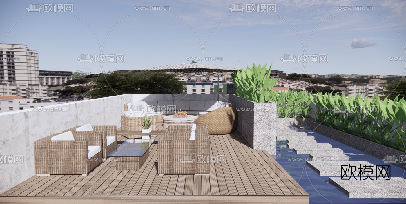 现代露天阳台su模型下载（渲染图1）