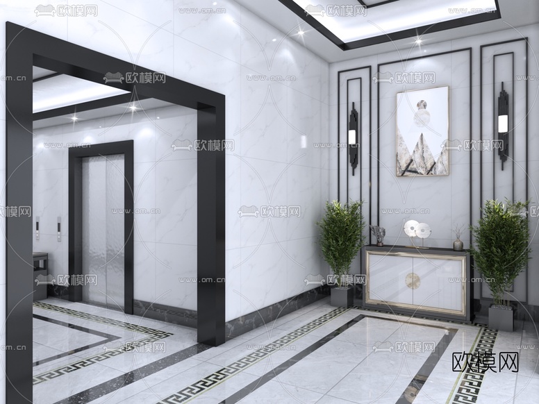 新中式会所电梯厅免费3d模型下载(渲染图3)