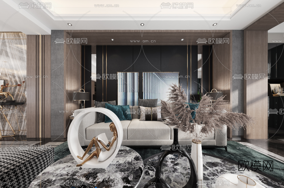 现代轻奢客厅餐厅书房vr全景3d模型