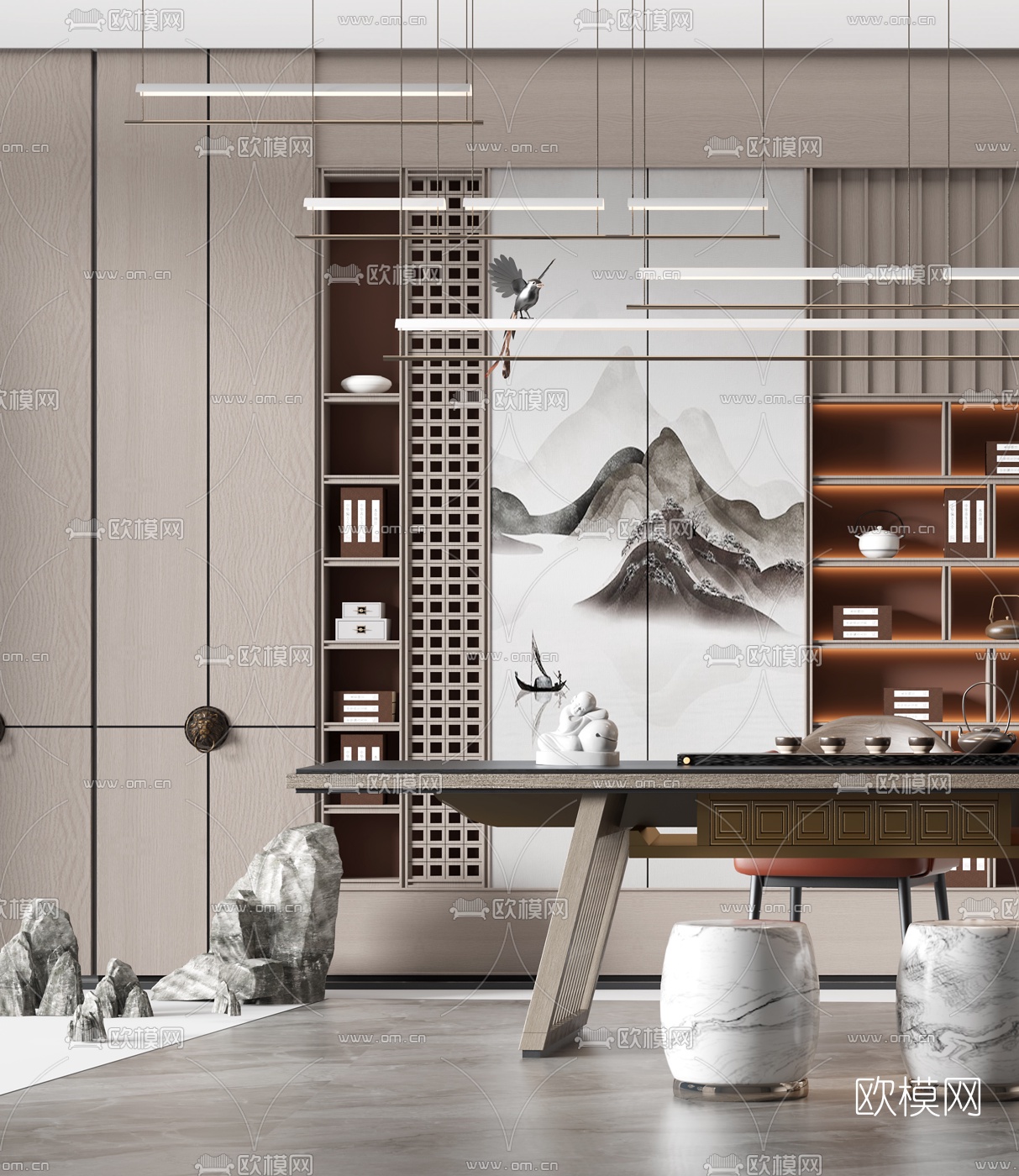 新中式茶桌椅3d模型下载（渲染图2）