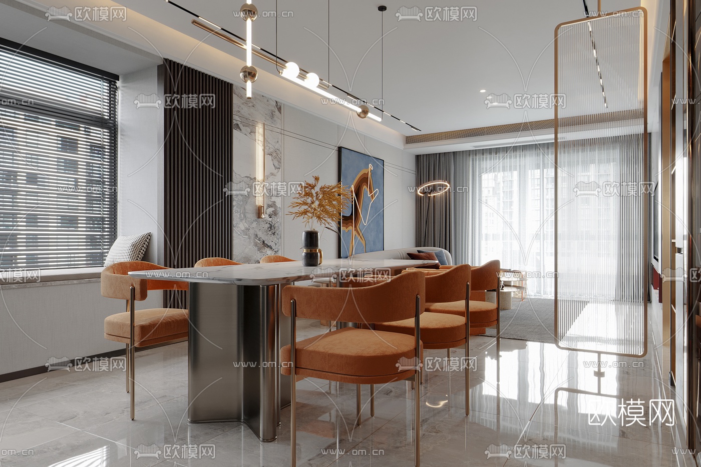 现代轻奢客厅餐厅3d模型