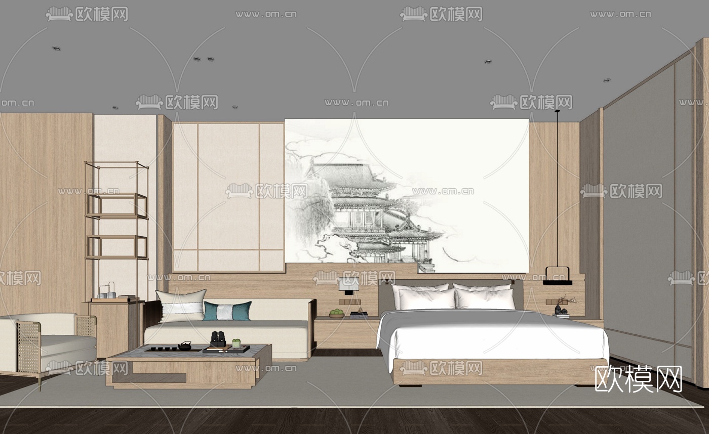 新中式酒店客房su模型