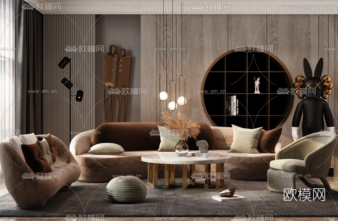 现代布艺弧形沙发组合3d模型