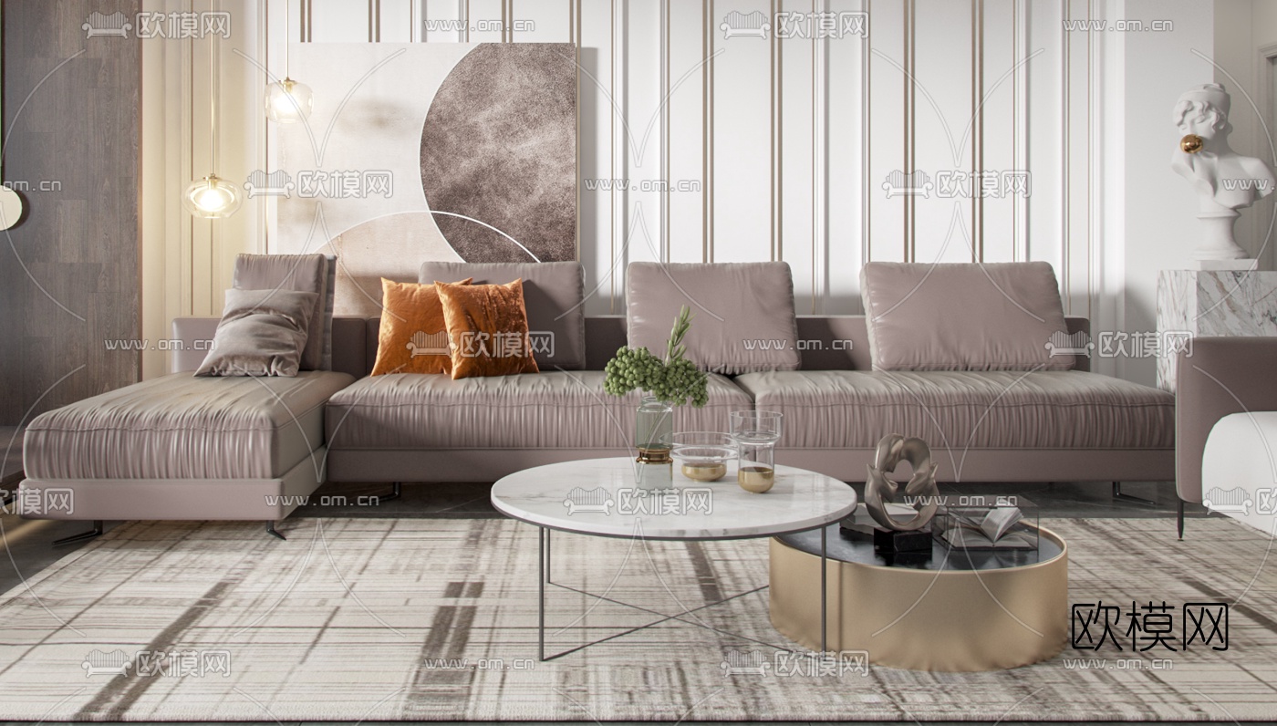 简欧布艺沙发组合3d模型下载（渲染图3）