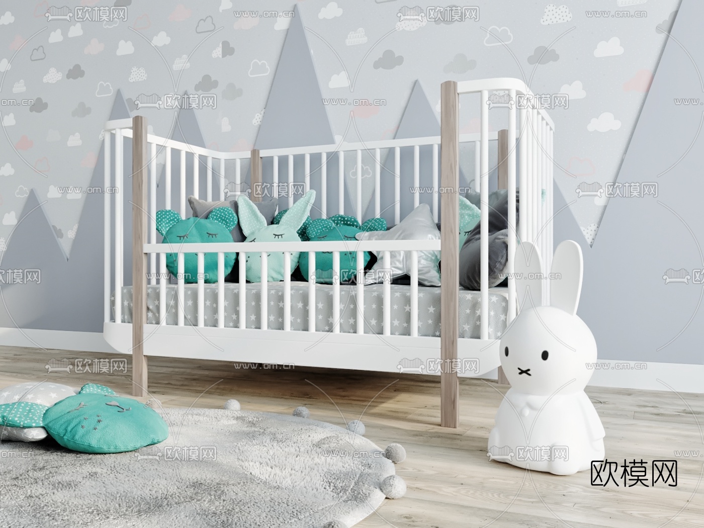 现代儿童床婴儿床3d模型下载（渲染图8）