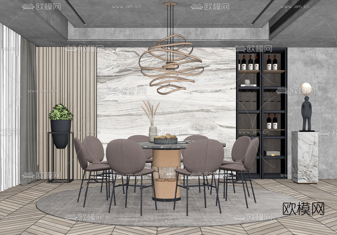 现代圆桌大理石餐桌椅su模型