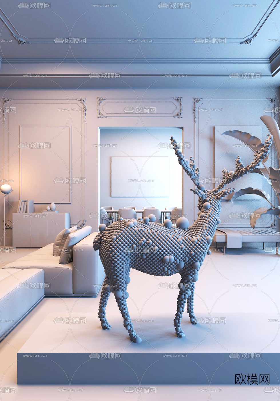 元禾大千设计 现代轻奢珍珠麋鹿雕塑3d模型下载（渲染图3）