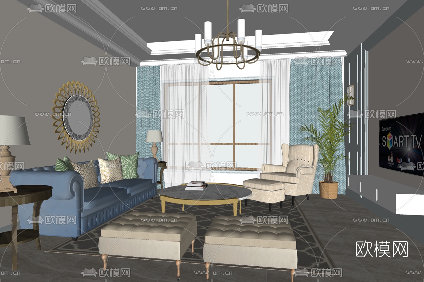 简欧客厅免费su模型下载