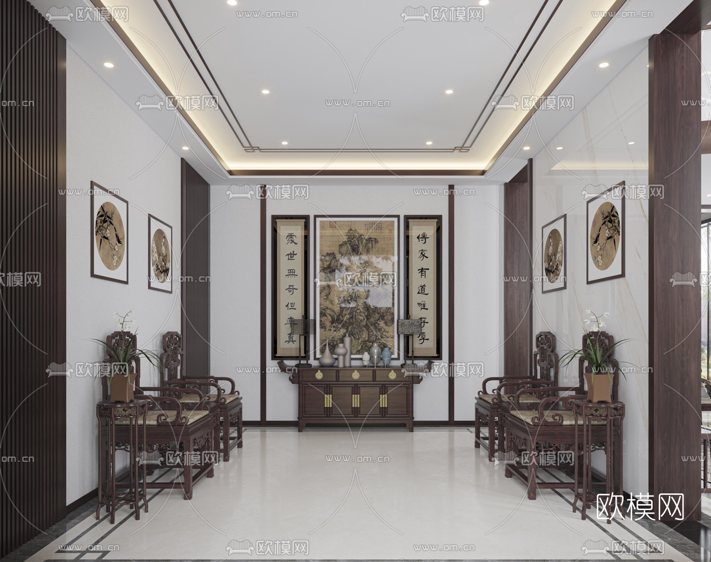 新中式别墅客厅餐厅3d模型