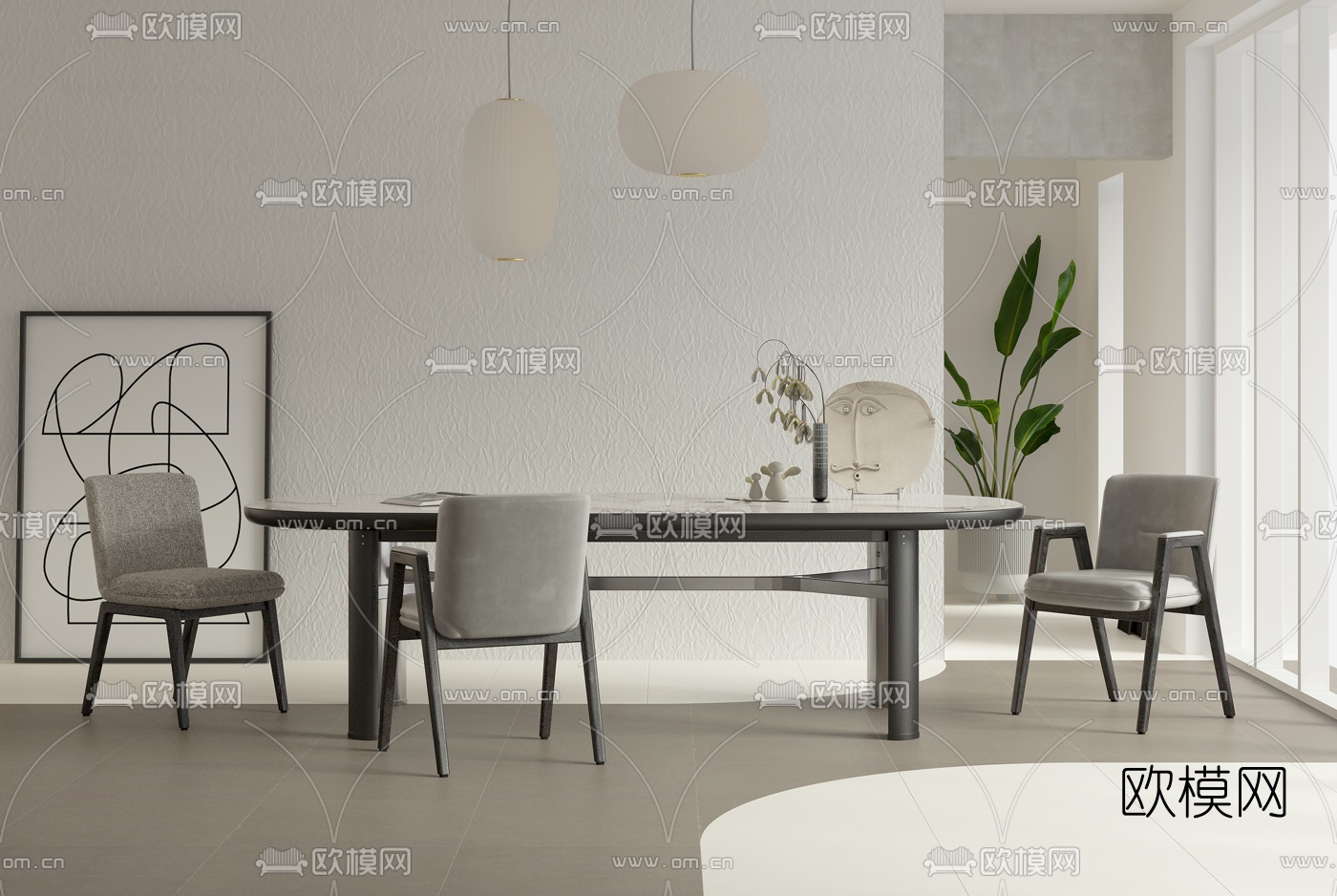 北欧大理石餐桌椅3d模型下载