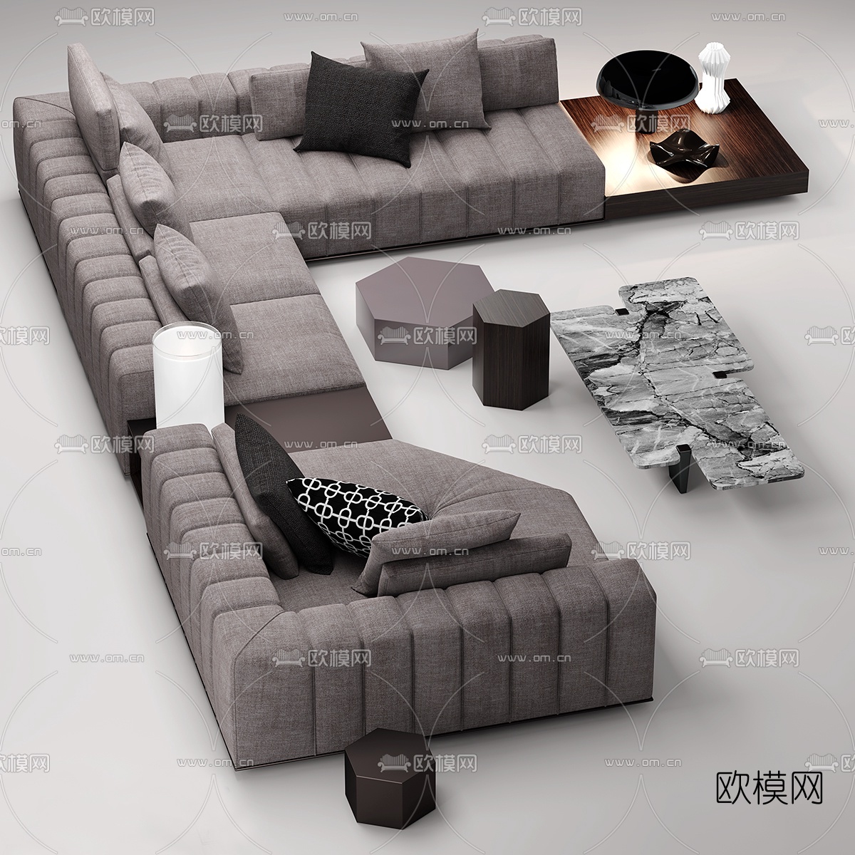 现代布艺转沙发组合3d模型-免费3dmax模型库-欧模网