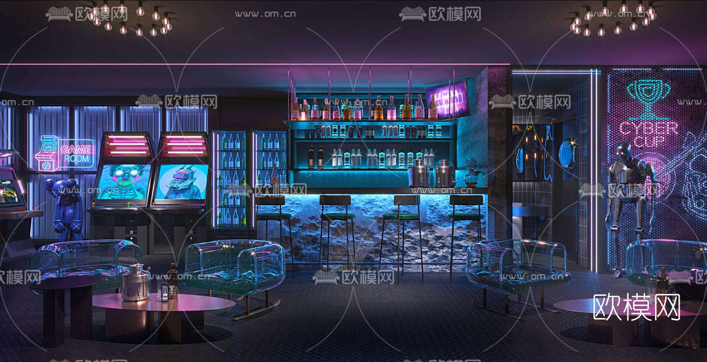 工业风霓虹酒吧3d模型下载（渲染图1）