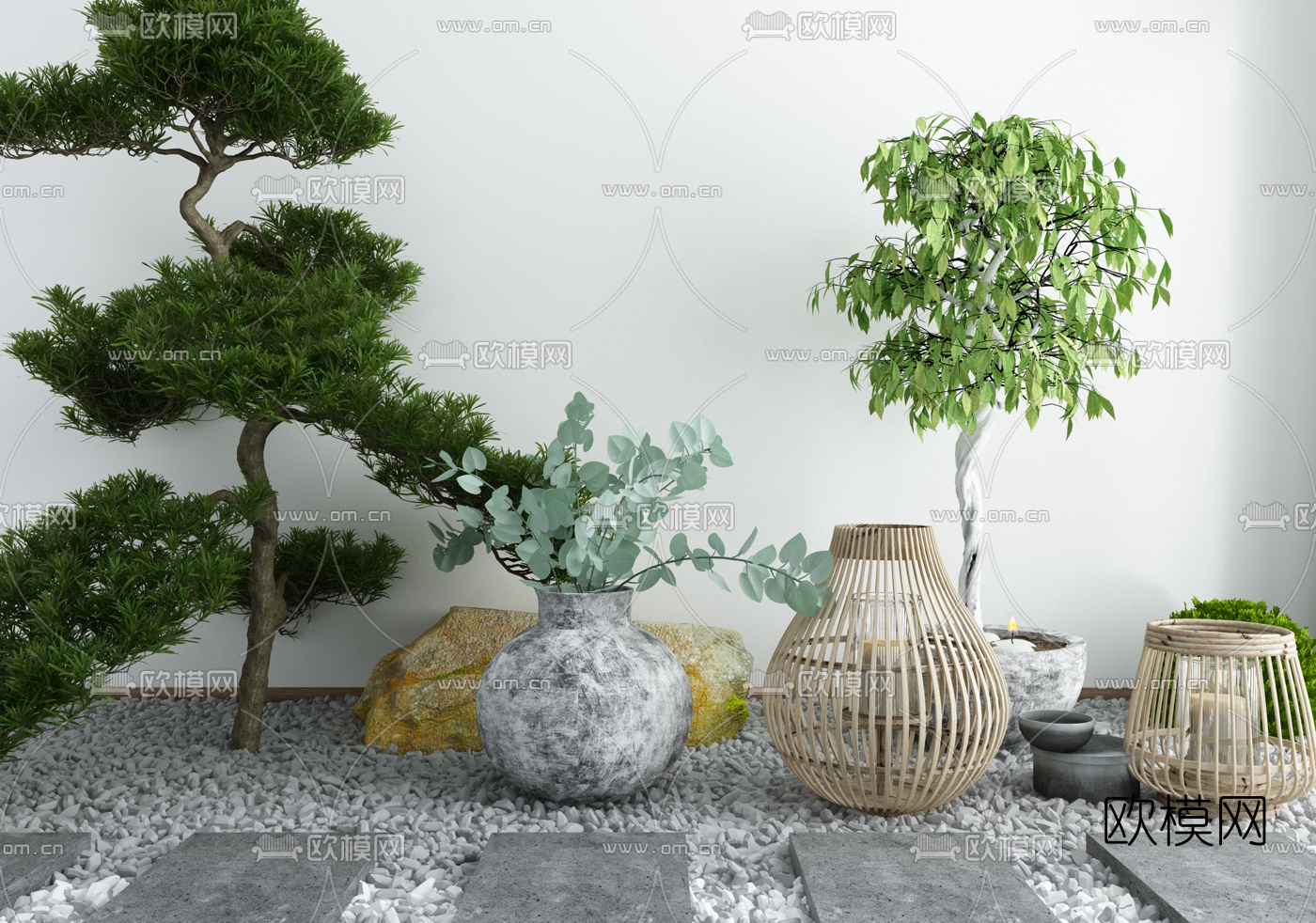 新中式松树灯笼园艺小品免费3d模型下载