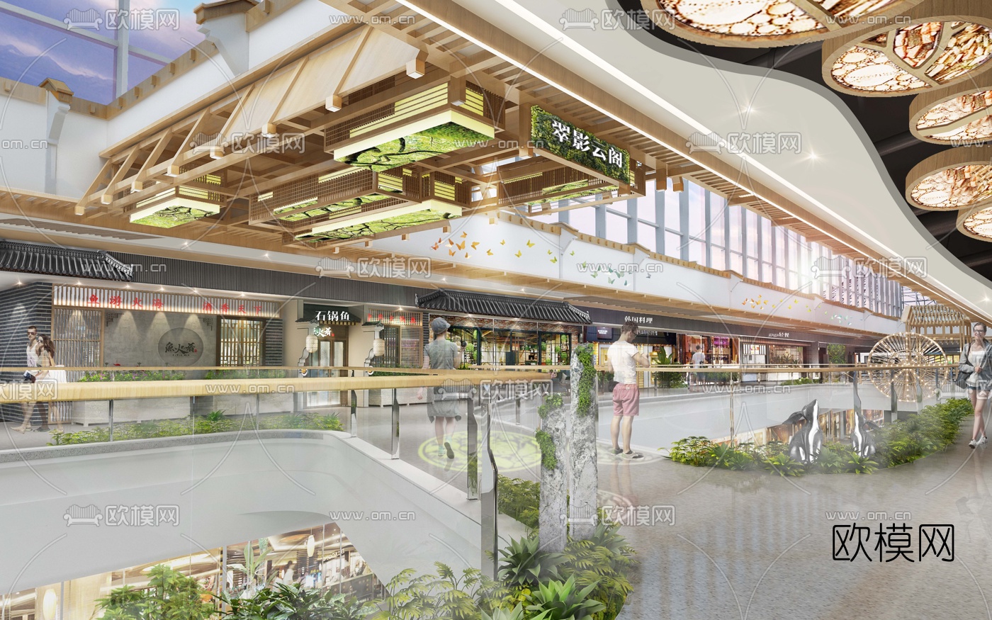 新中式商场走廊餐饮区3d模型下载（渲染图1）