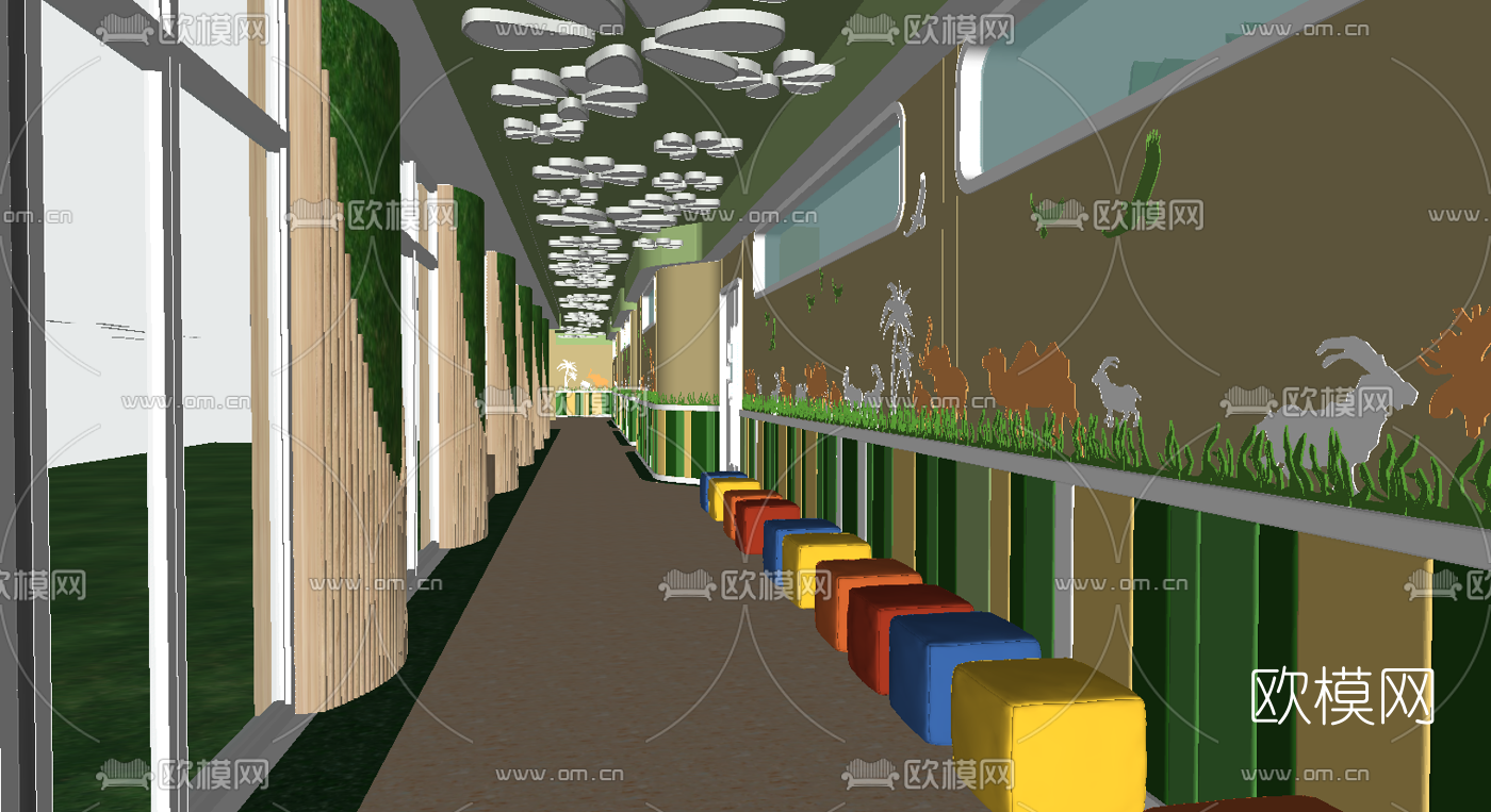 现代早教中心走廊过道su模型下载