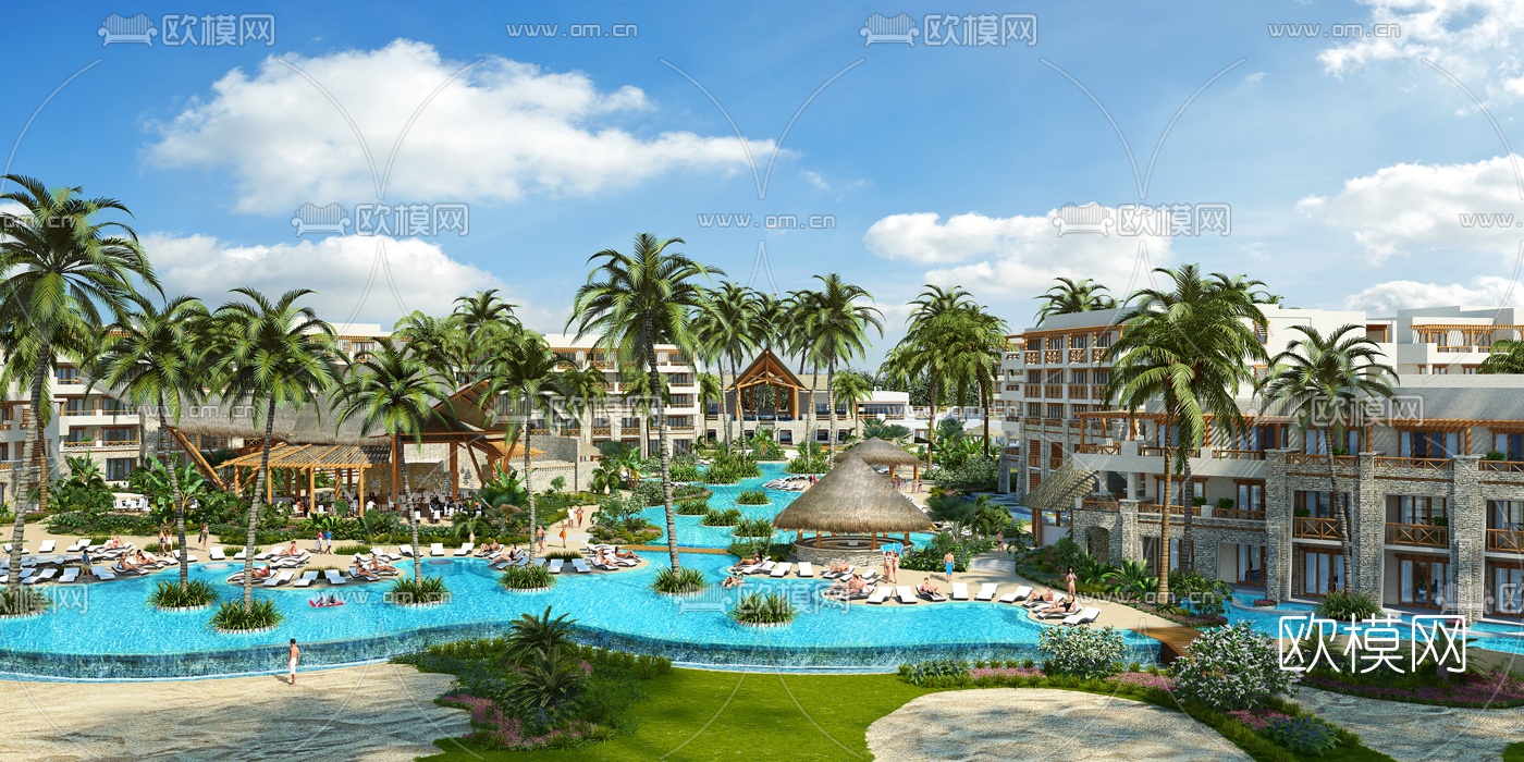 东南亚海边度假区露天泳池景观3d模型下载
