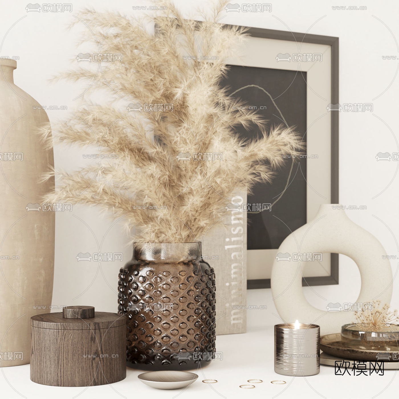 北欧干花花瓶烛台摆件3d模型下载（渲染图2）