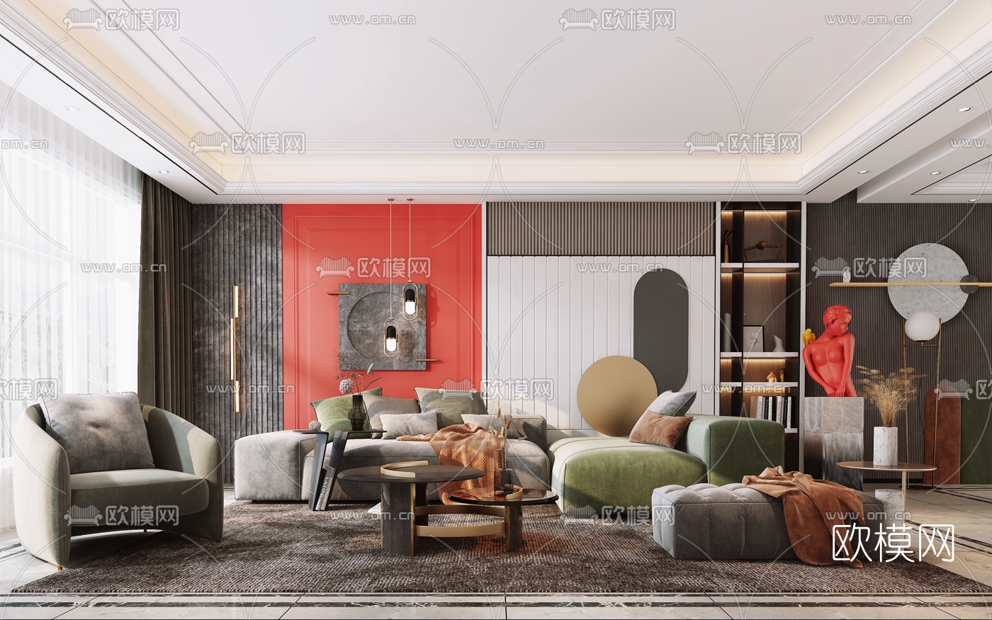 现代绒布转角沙发组合3d模型下载