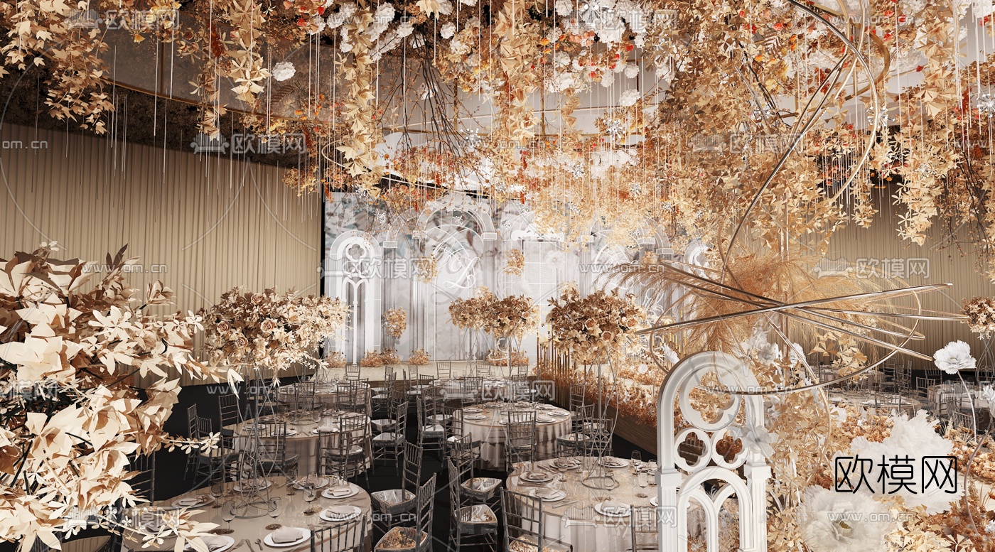 欧式婚礼美陈宴会厅3d模型下载（渲染图2）