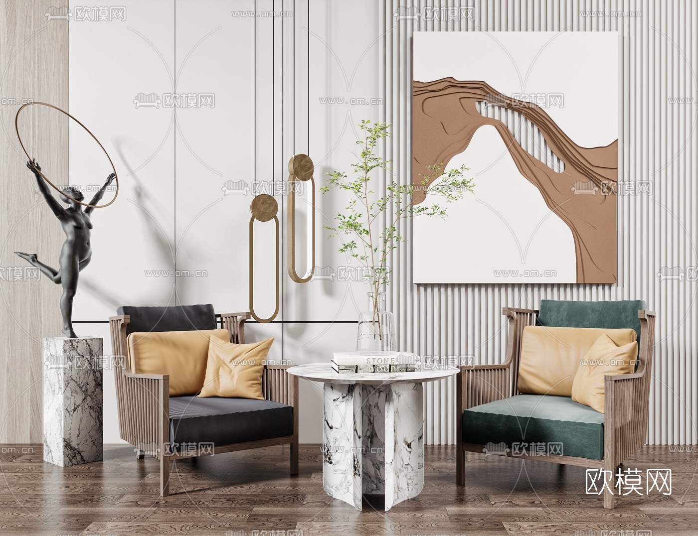 新中式绒布单人沙发边几3d模型下载