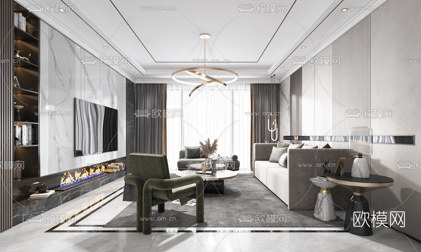现代轻奢客厅3d模型下载（渲染图2）